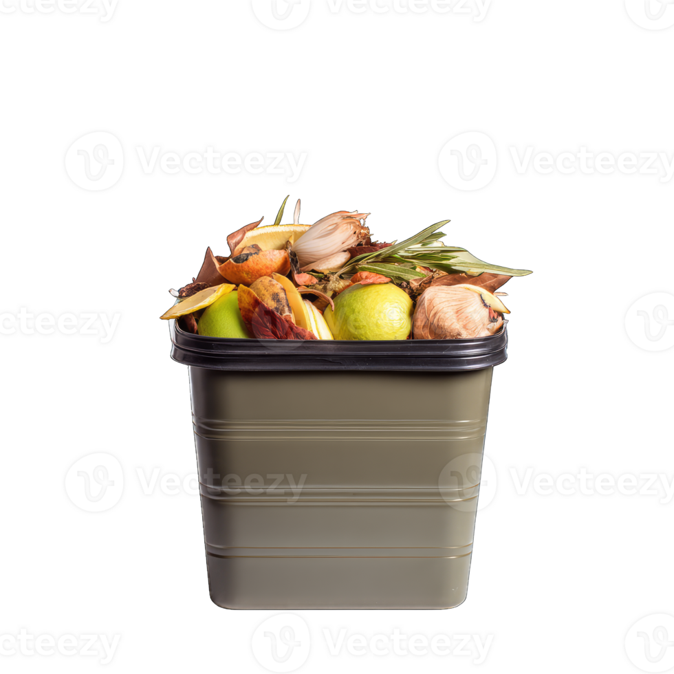 Organic waste management bin filled with food scraps and yard trimmings for composting png