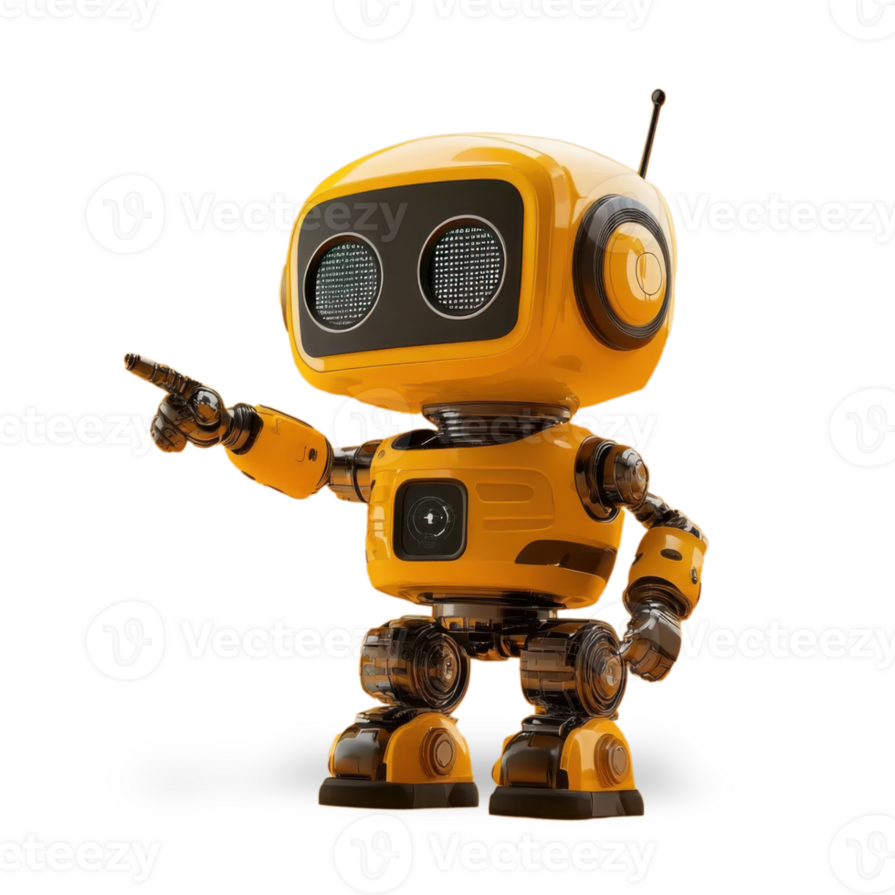 Cute yellow robot pointing with a playful gesture in a bright and futuristic setting png