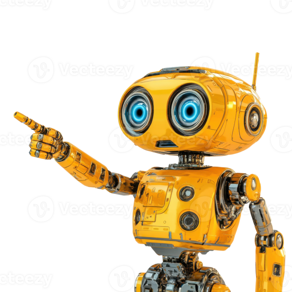 Colorful robot with blue eyes gesturing towards the left in a futuristic setting png