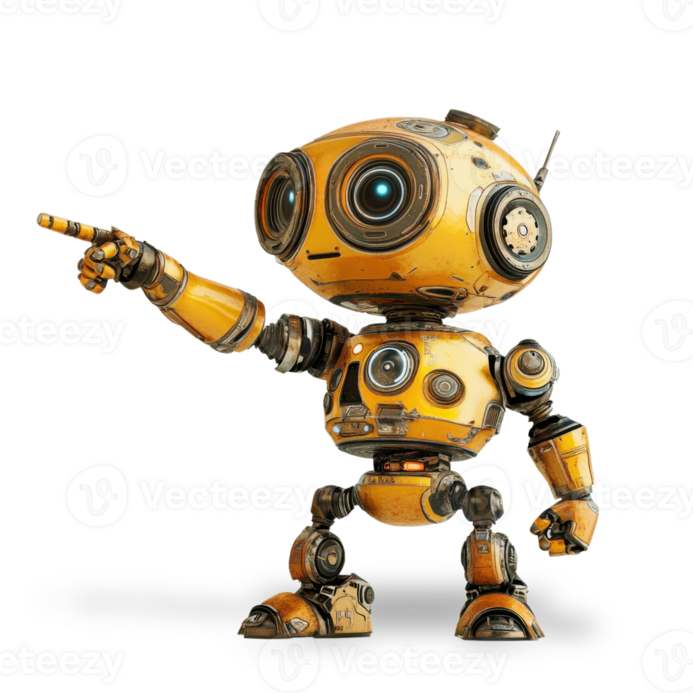 Robot character with expressive eyes and distinctive yellow design pointing towards an unseen object in a futuristic setting png