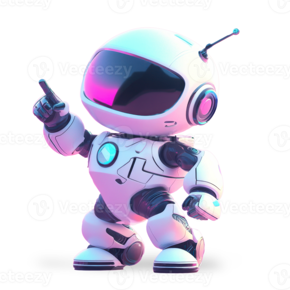 Robot astronaut stands confidently with a raised finger, showcasing futuristic design and vibrant colors in a digital setting png