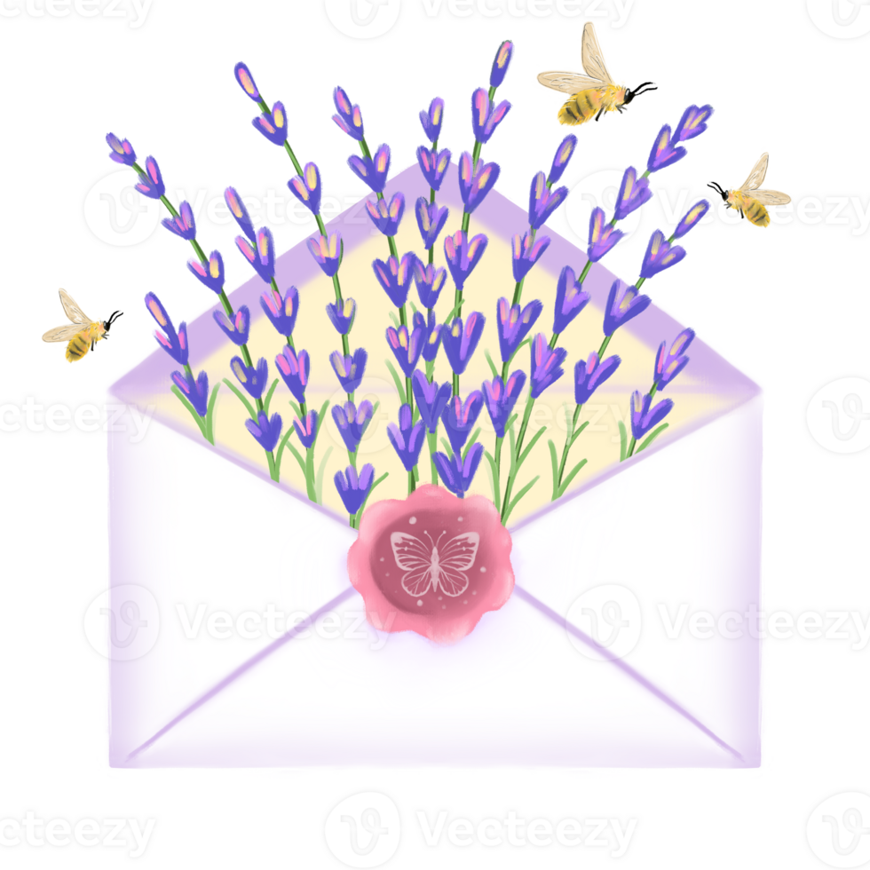 Hand drawn bright lavender flower in cute envelope with wax seal in the shape of a butterfly. Country life concept, vintage rustic charm, good for print, poster, card or background. png