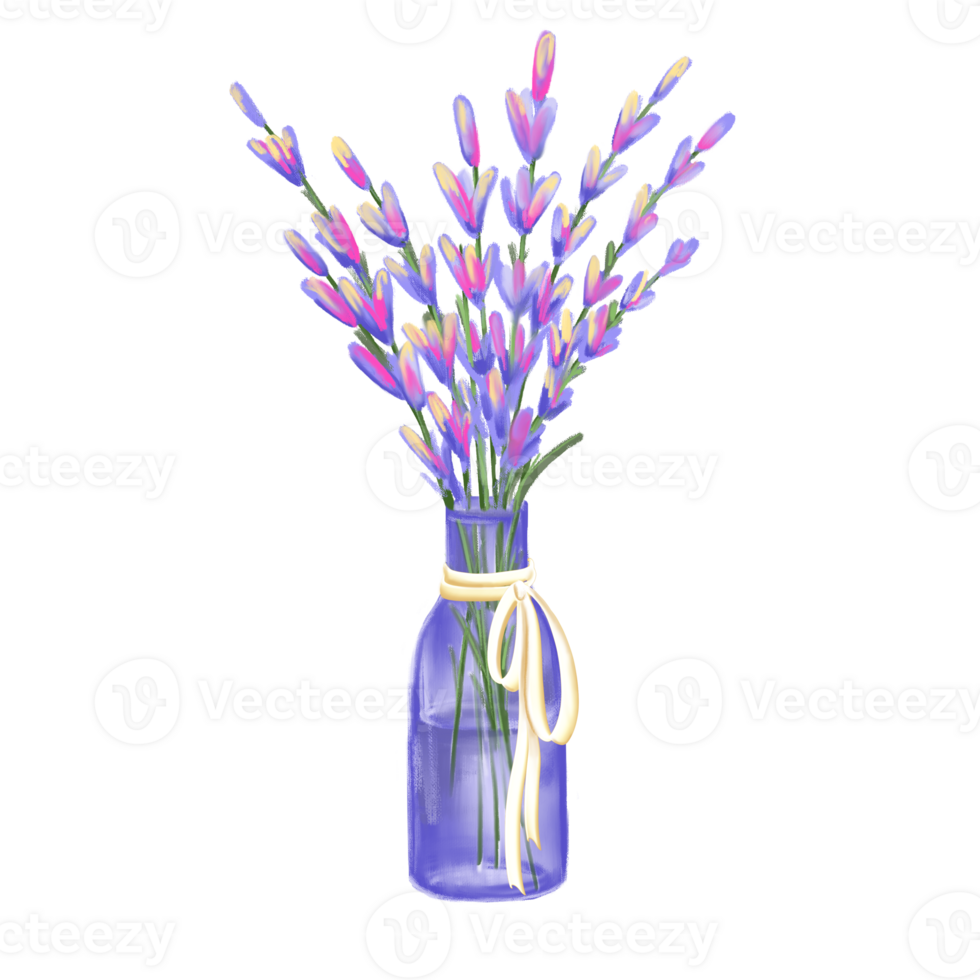 Hand drawn glass vase with lavender flower with textile ribbon and bow. Country life concept, vintage rustic charm, good for print, poster, card or background. png