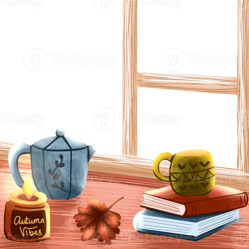 A window with a tea pot and books on a table png