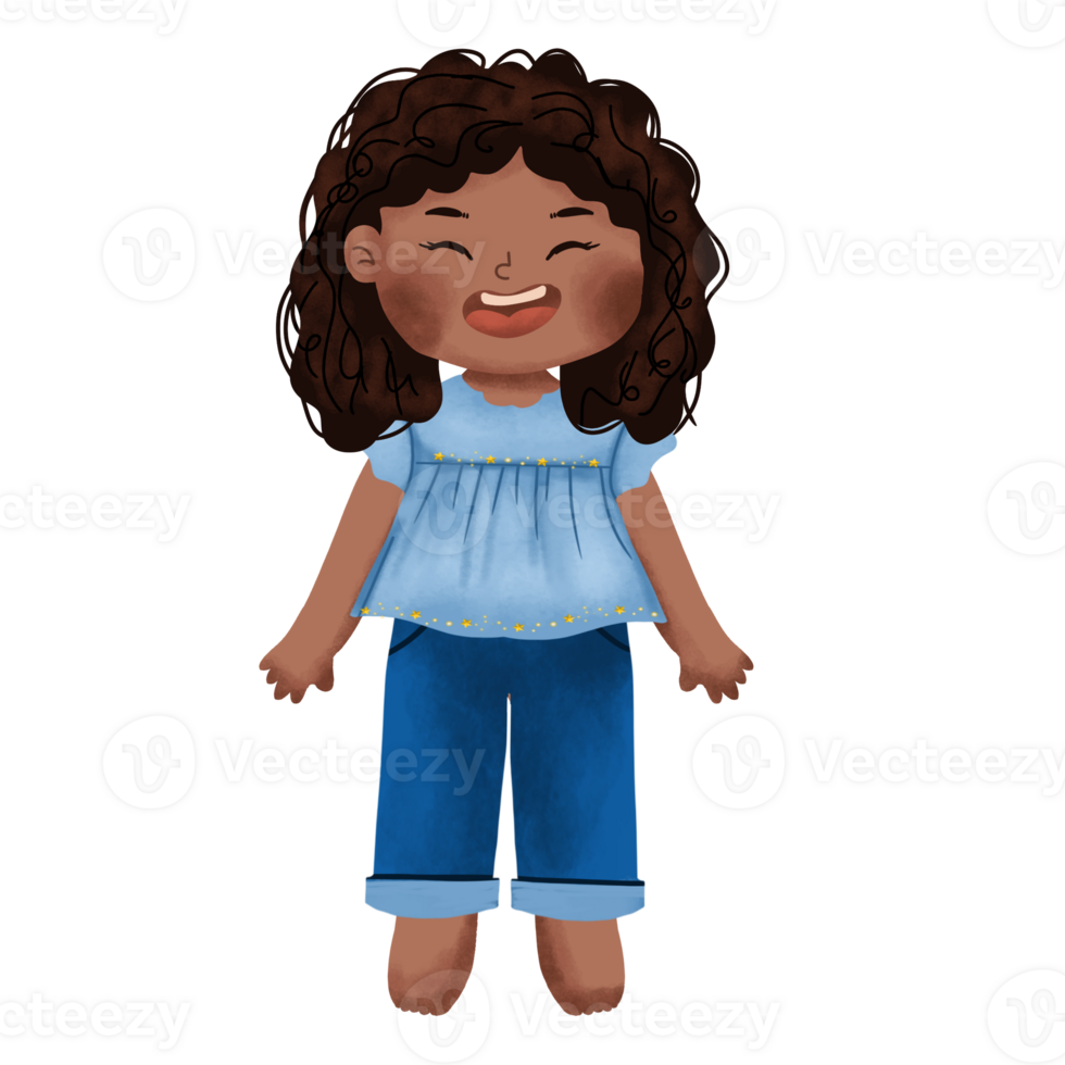 A cartoon girl with curly hair and blue jeans png