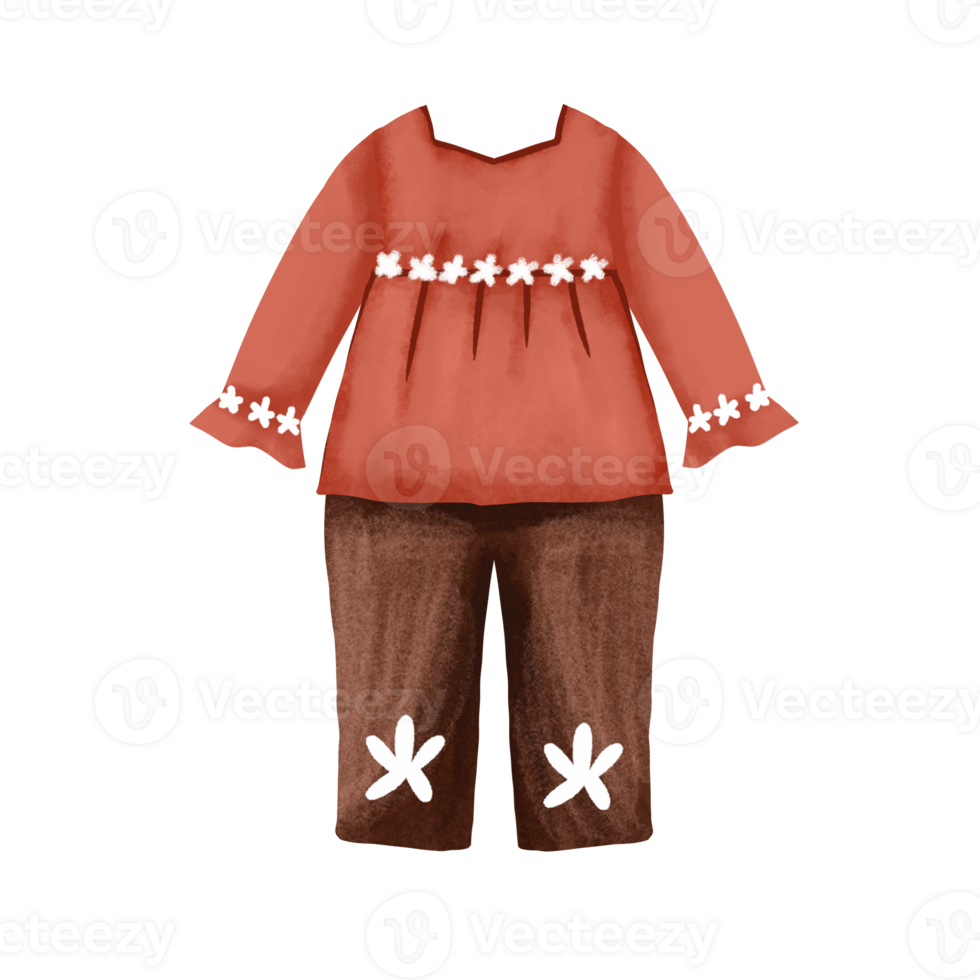A little girl's outfit with a red shirt and brown pants png