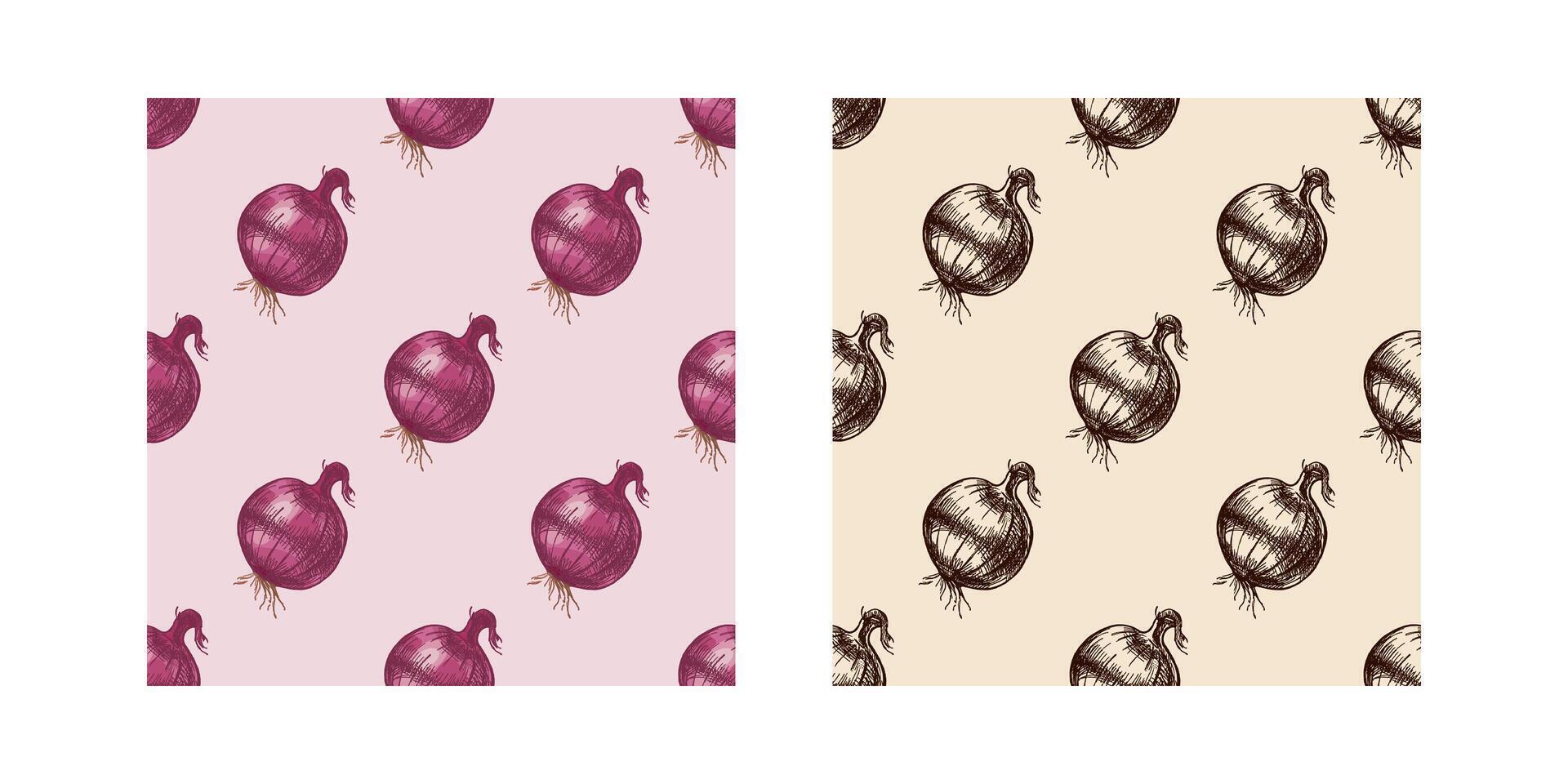 Hand drawn vintage seamless pattern set of onion bulbs in, brown ink vector