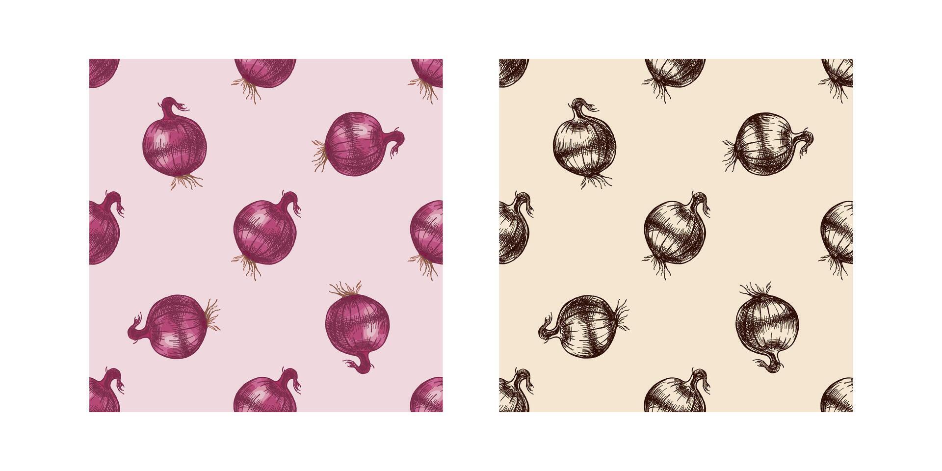 Hand-drawn vintage sketch seamless pattern set of onion bulbs in, brown ink vector