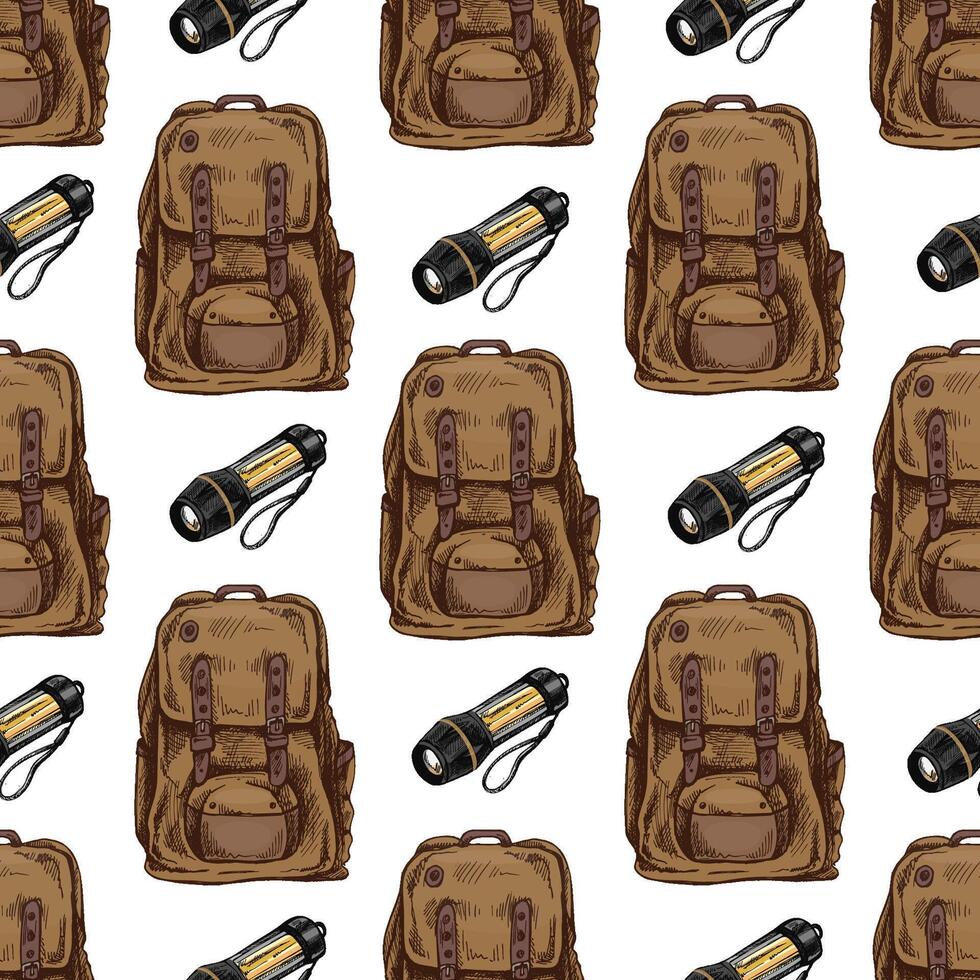 Hand drawn colored seamless pattern with hiking backpack and flashlight in vintage sketch style vector