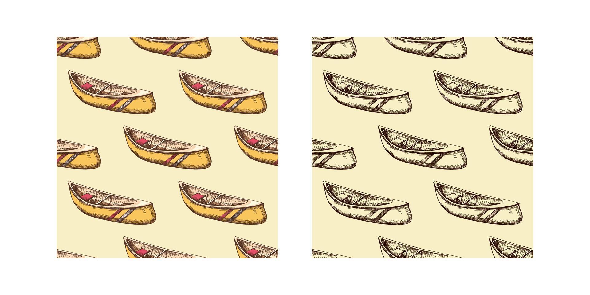 Hand drawn vintage seamless pattern set of canoes for river rafting, camping and outdoor exploration designs, rustic water adventure sketch vector