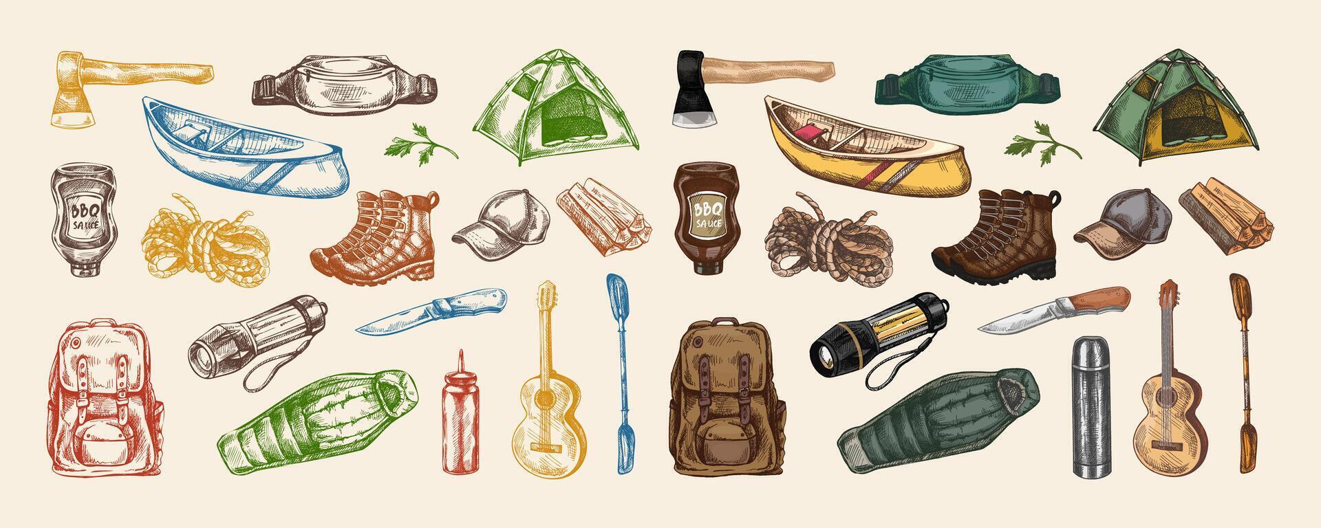 Hand drawn vintage sketch of travel, camping and hiking gear in colorful and outline versions including canoe, backpack, boots and knife on light background vector