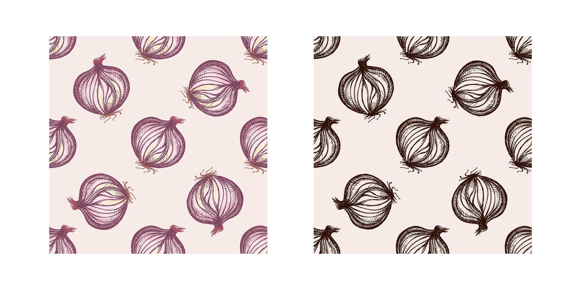 Hand-drawn vintage sketch seamless pattern set of sliced onion bulbs in, brown ink vector