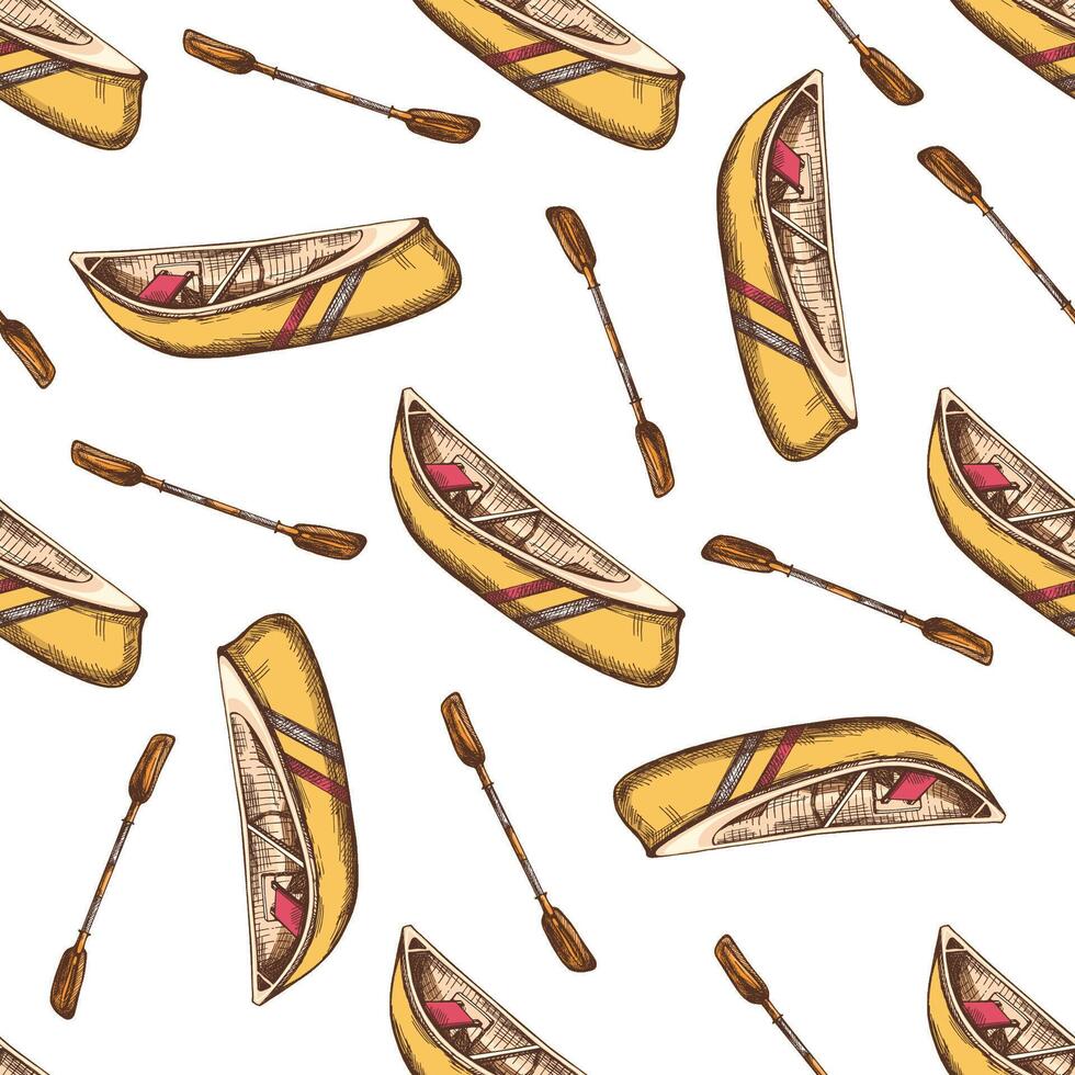 Hand drawn colored seamless pattern of canoes and paddles for river rafting, outdoor adventure and camping designs, classic retro sketch vector