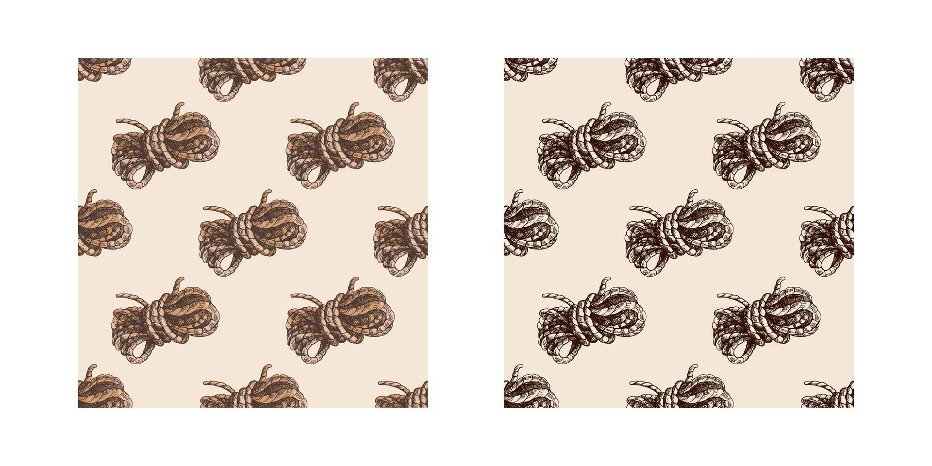 Hand-drawn vintage seamless pattern set of coiled ropes for camping and hiking adventures, retro sketch nautical design isolated vector