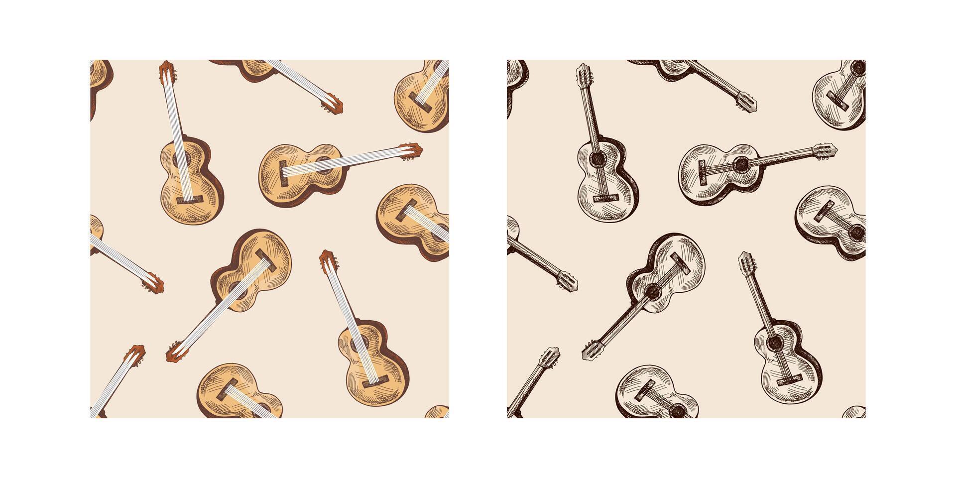 Rustic music festival seamless set with hand drawn vintage acoustic guitars in classic sketch style vector