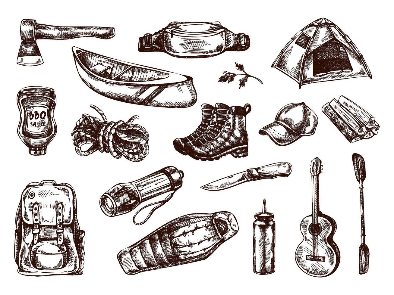 Hand drawn vintage sketch set of picnic, camping, hiking and travel elements in retro engraved style vector