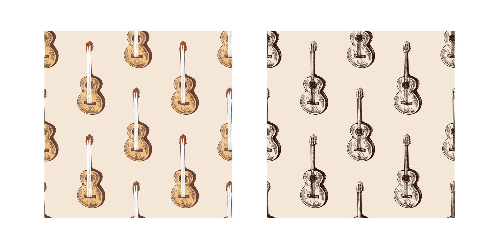 Classic hand drawn acoustic guitar pattern set for retro music events and folk concert decor vector