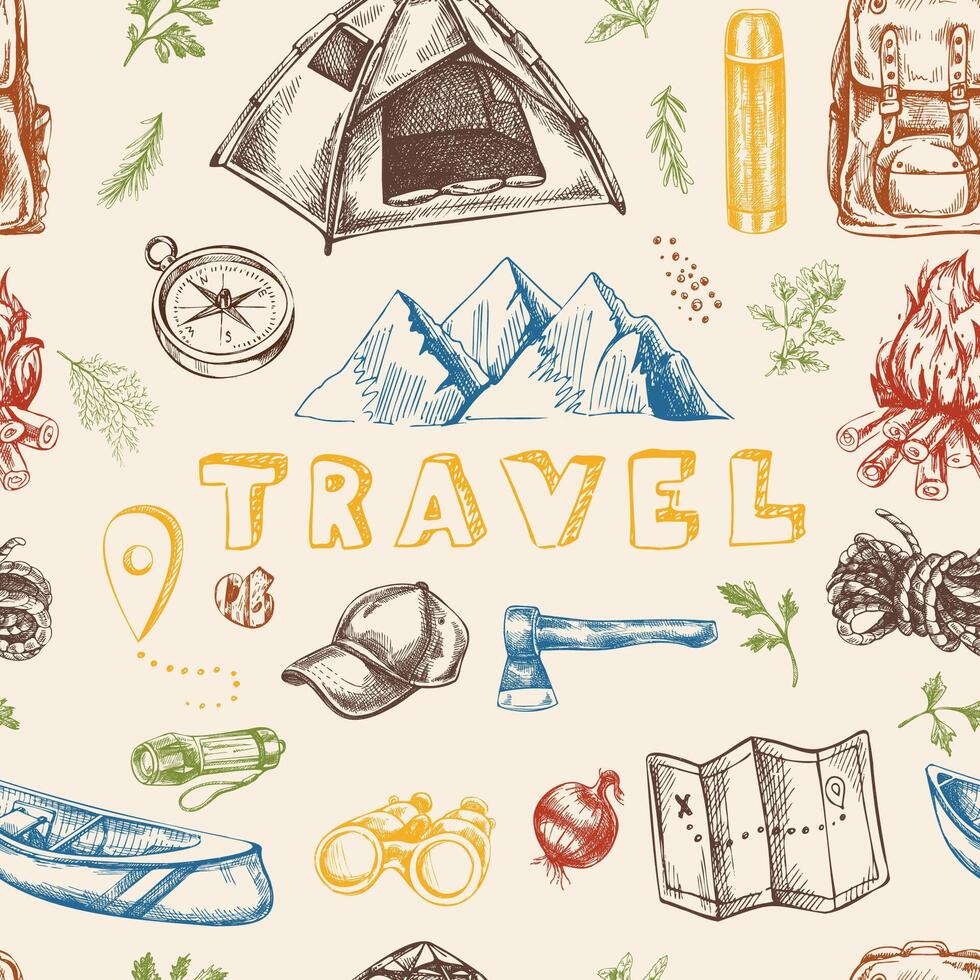Hand drawn vintage sketch seamless pattern of colorful hiking and camping gear with tent, compass, axe and travel icons on light background vector