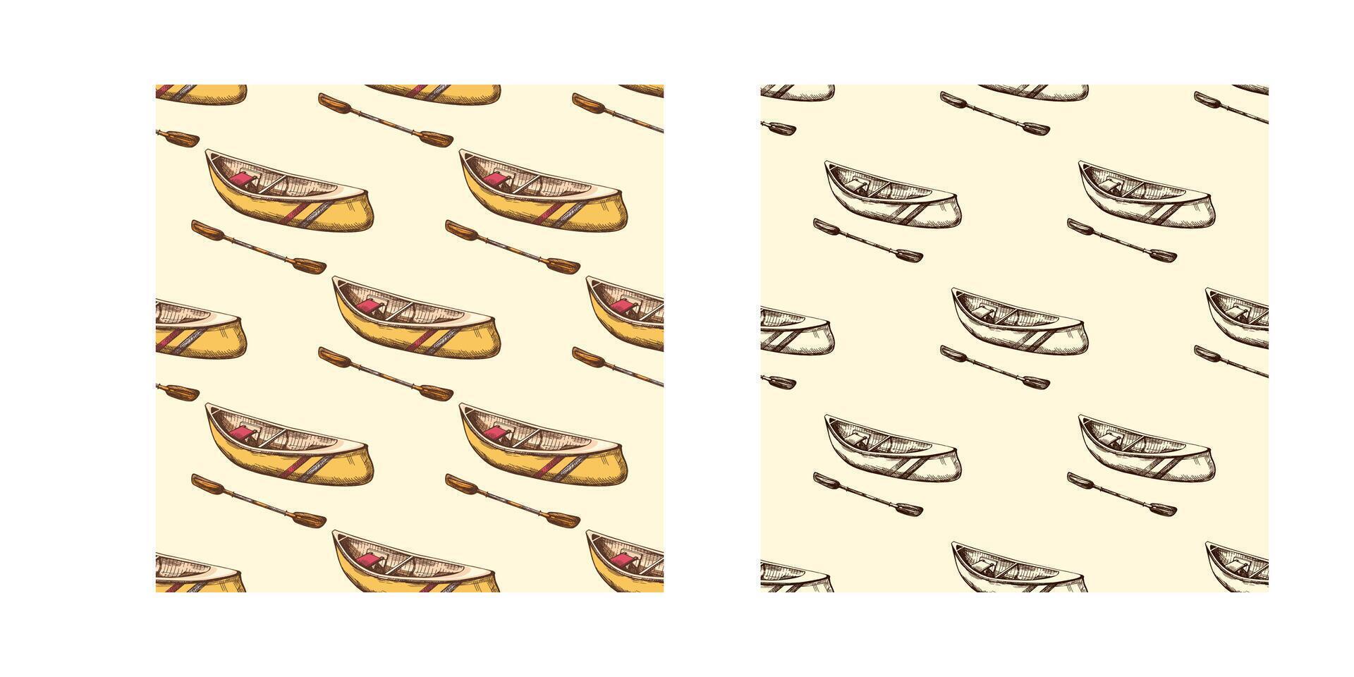 Hand drawn vintage seamless pattern set of canoes and paddles for river rafting, outdoor adventure and camping designs, classic retro sketch vector
