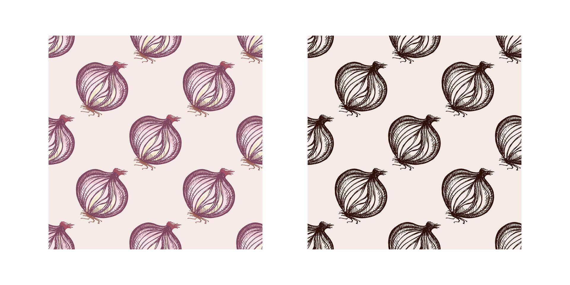 Hand drawn sketch seamless pattern set of sliced onion bulbs in, brown ink vector