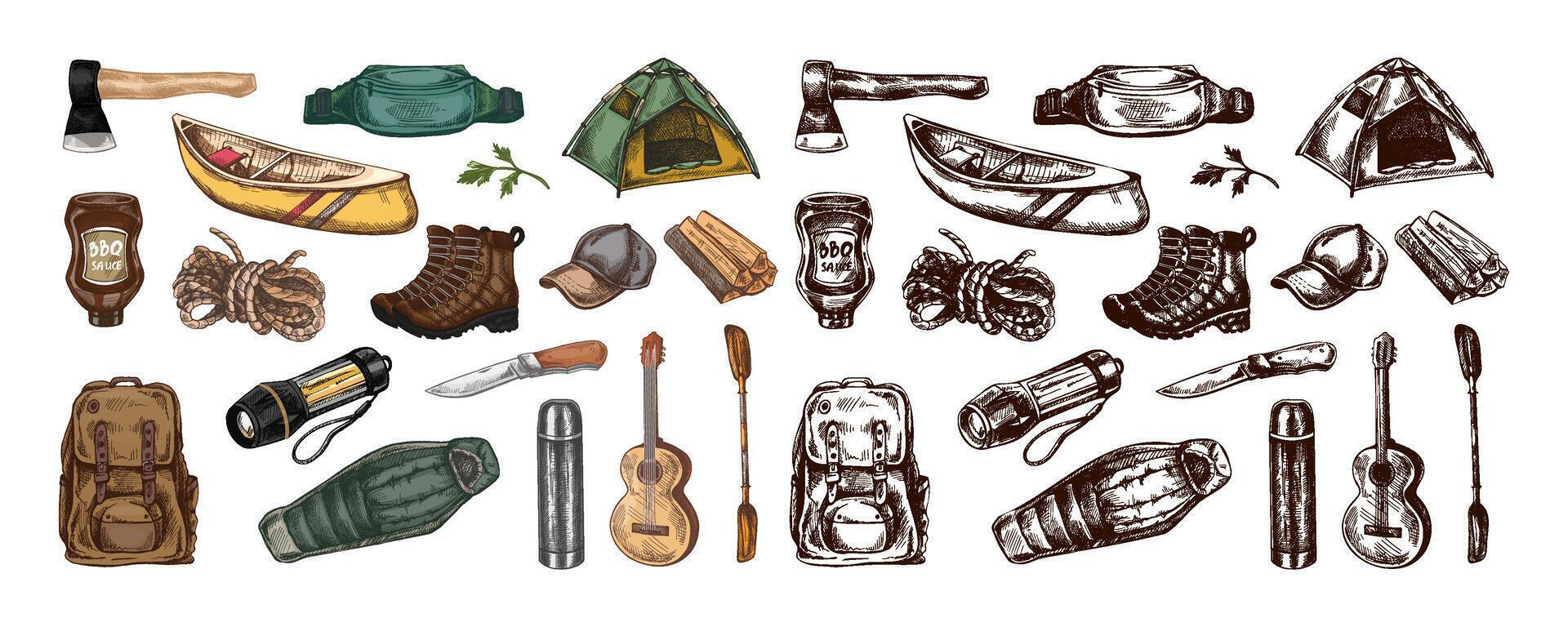 Hand drawn vintage sketch of camping equipment and travel gear in color and monochrome versions including backpack, canoe, boots and axe, isolated vector