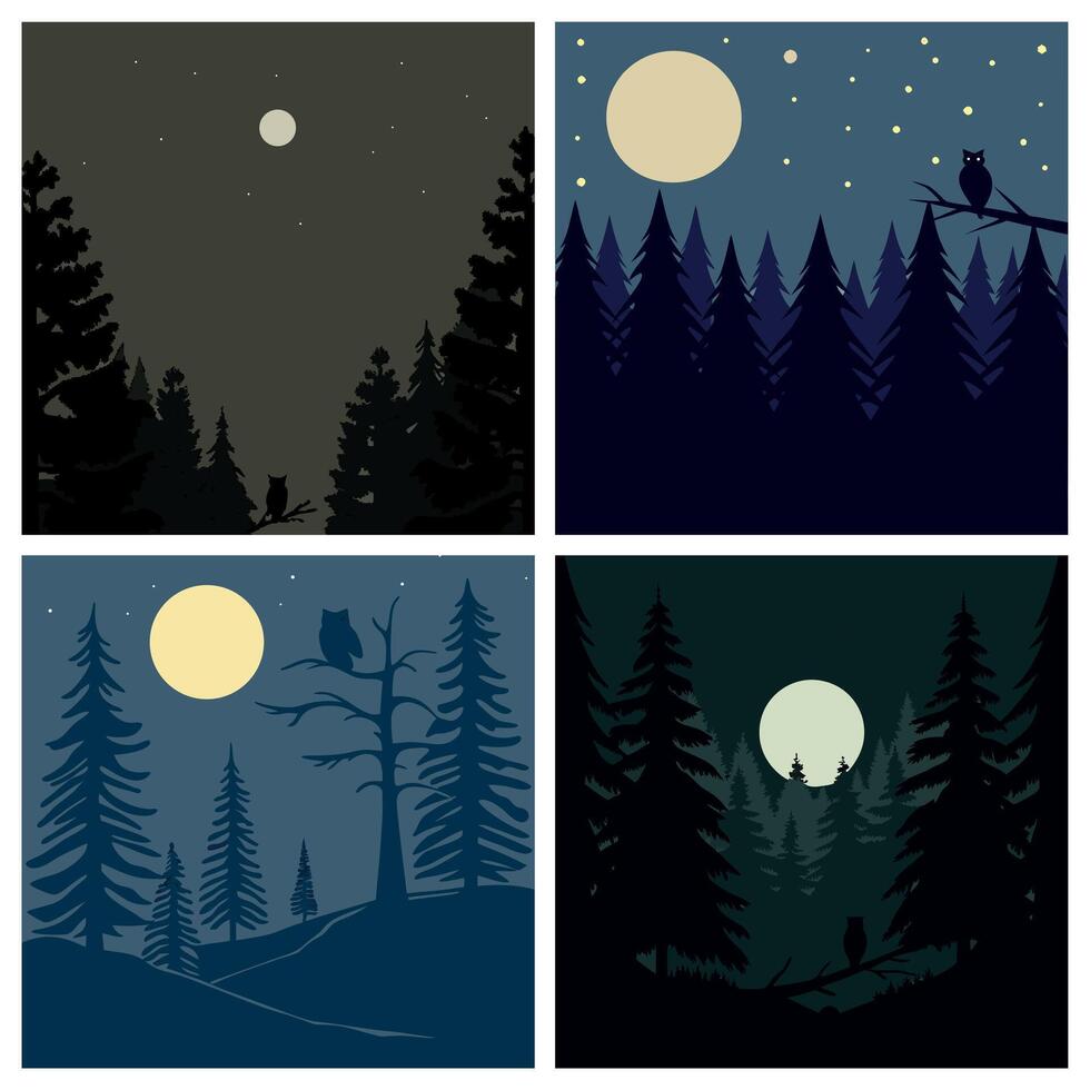 Night Forest Silhouette with Owl, Moon, and Pine Trees Under Starry Sky in Minimal Style vector