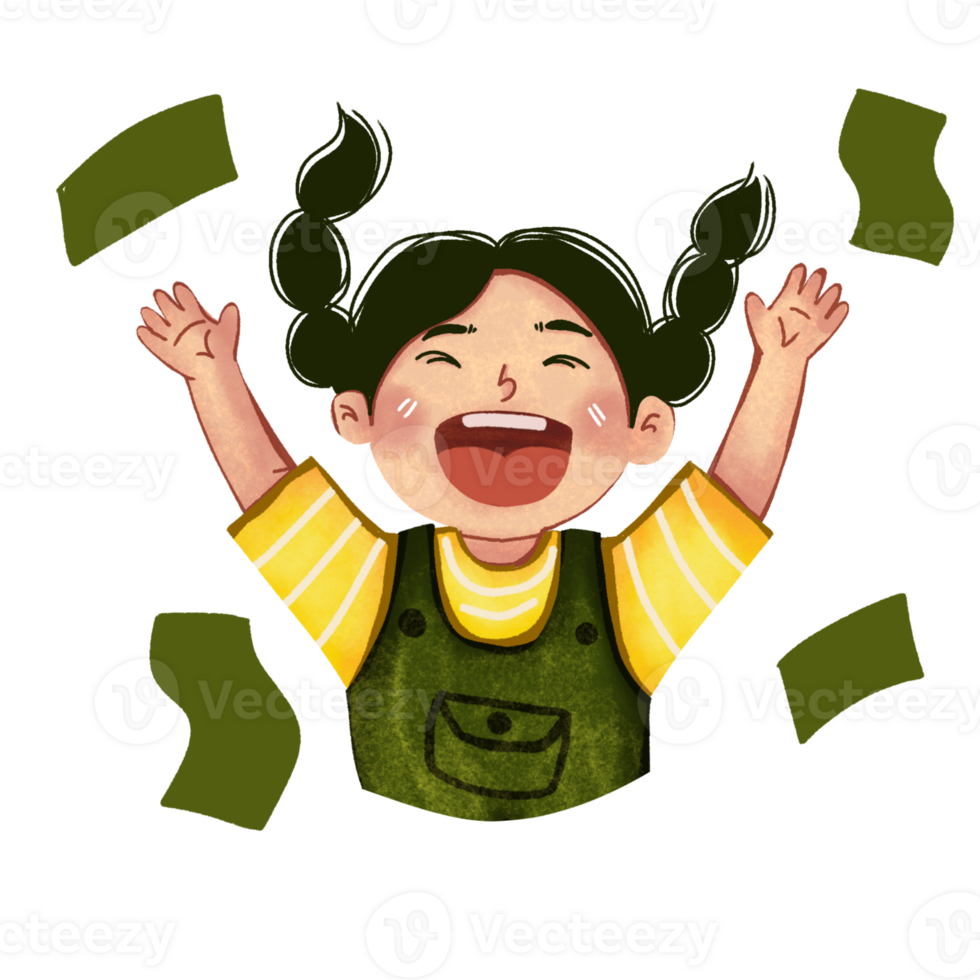 A girl with her arms up in the air and money falling out of her hands png