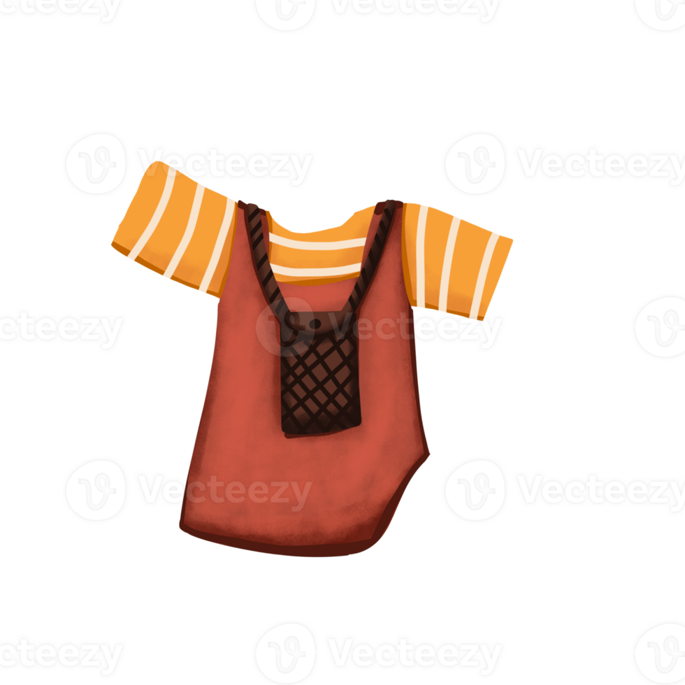 An orange and brown dress with a bag hanging from it png