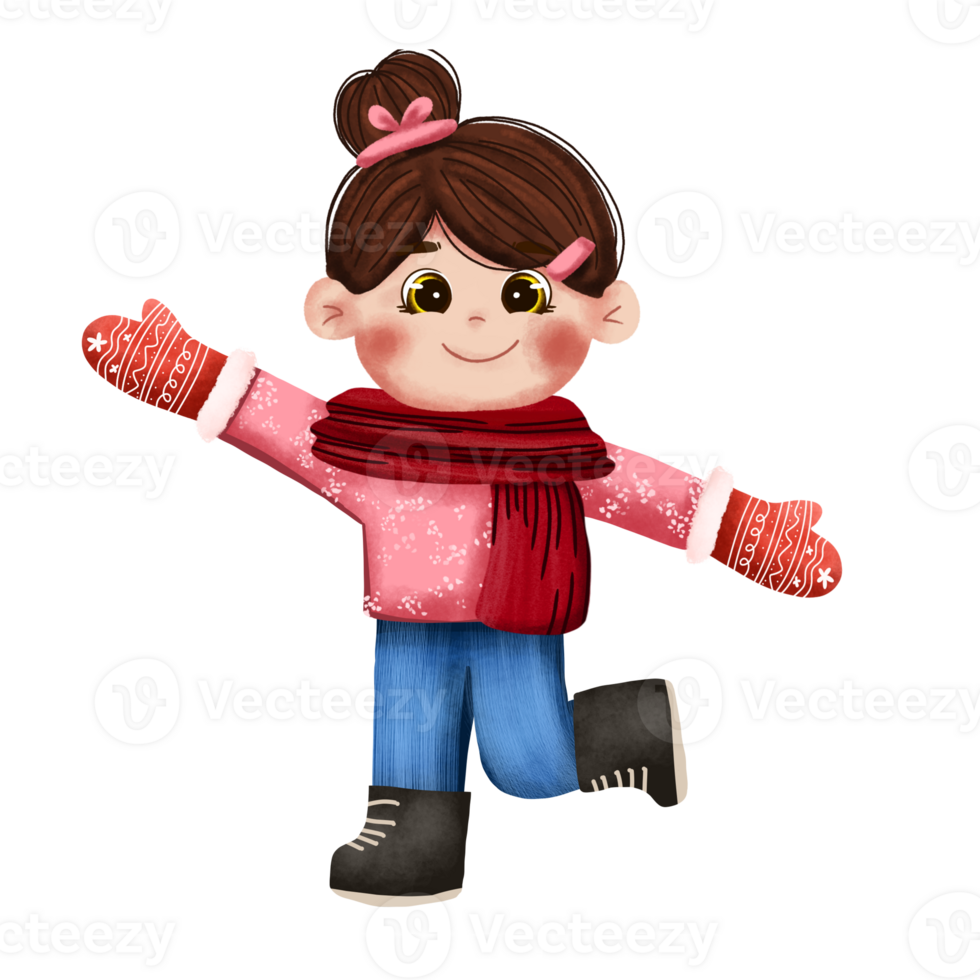 A cartoon girl wearing a pink coat and mittens png