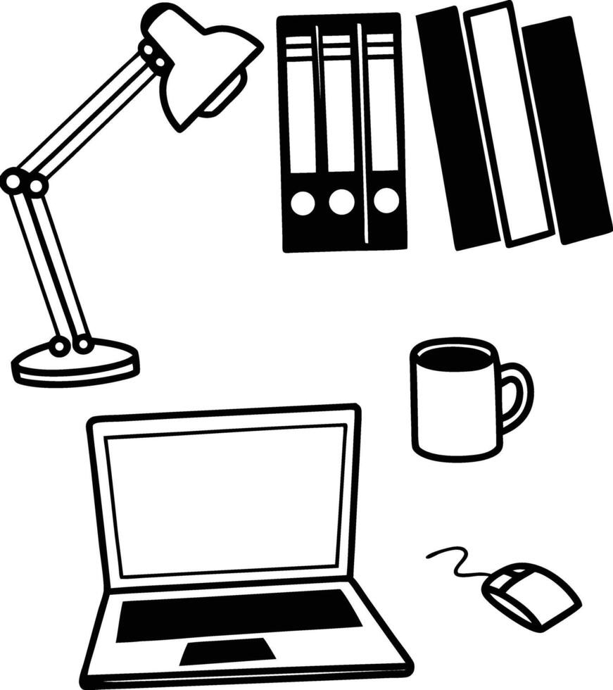 Flat office tools pack laptop mouse set vector
