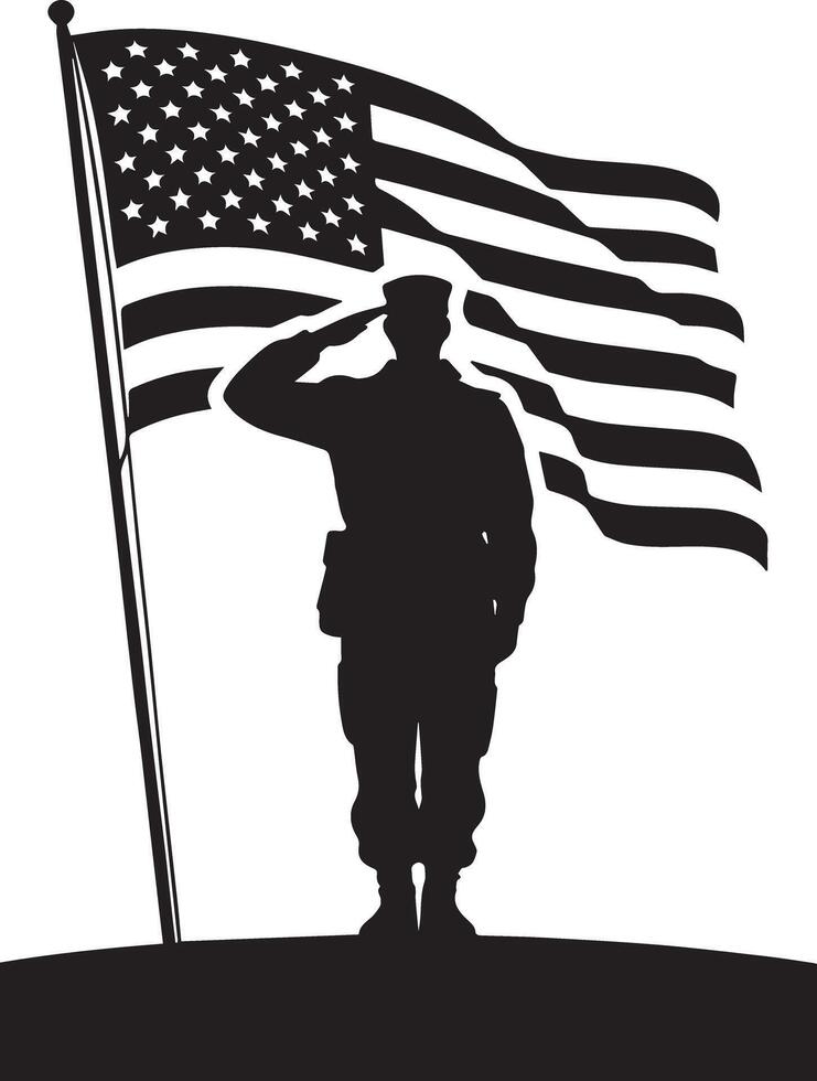 Saluting Soldier with American Flag 4th of july silhouette vector