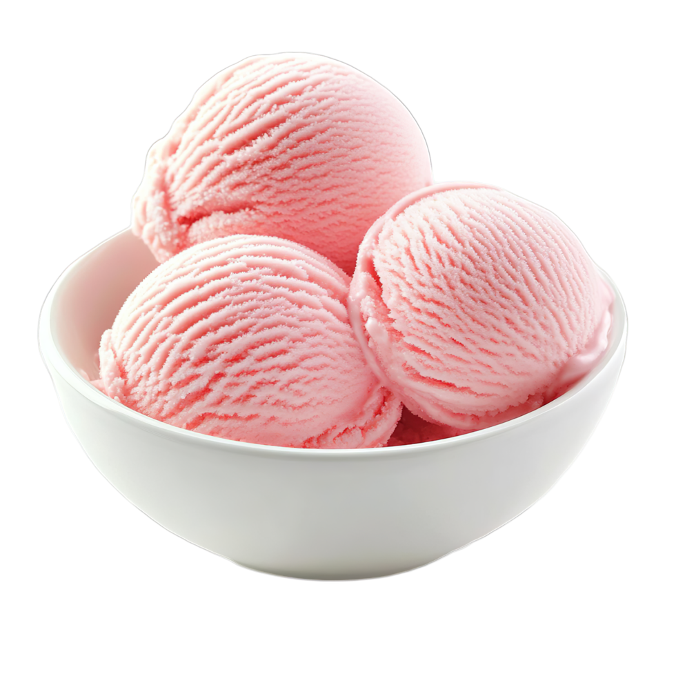 Three Scoops of Strawberry Ice Cream Isolated on Transparent Background in White Bowl png