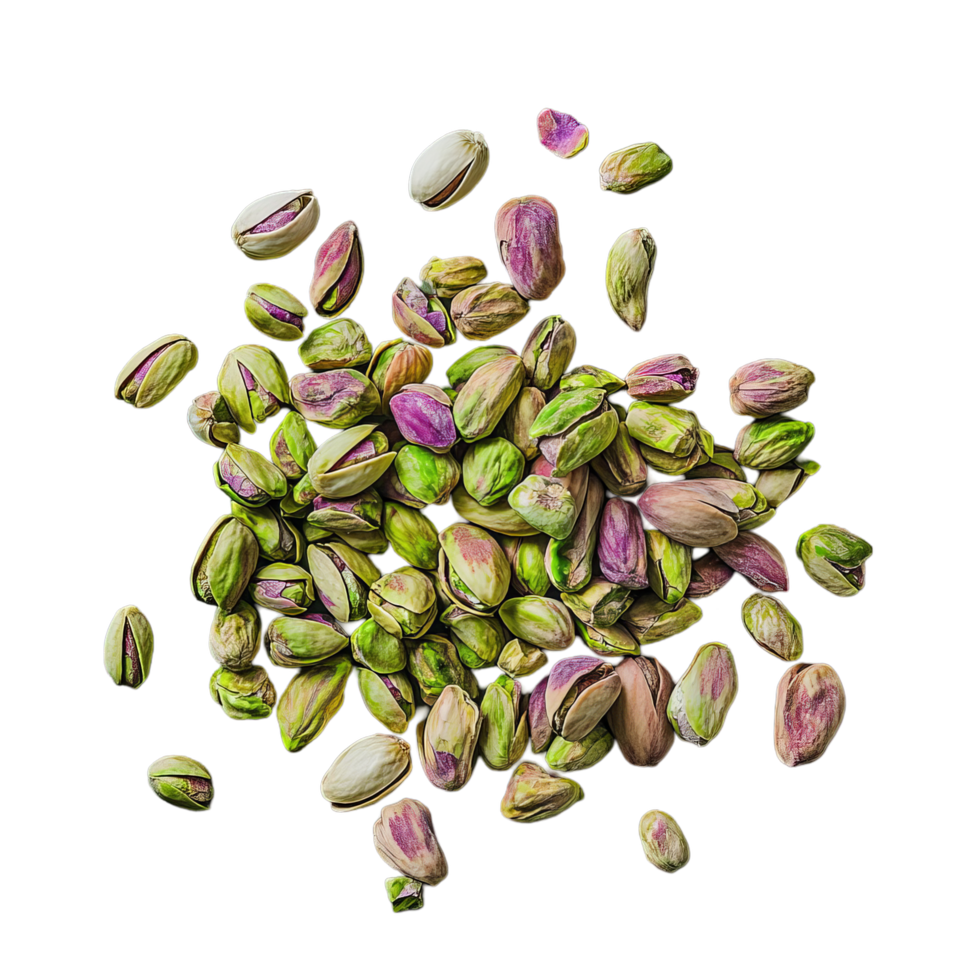 Fresh Pistachio Nuts Isolated on Transparent Background with Natural Green and Purple Shells png
