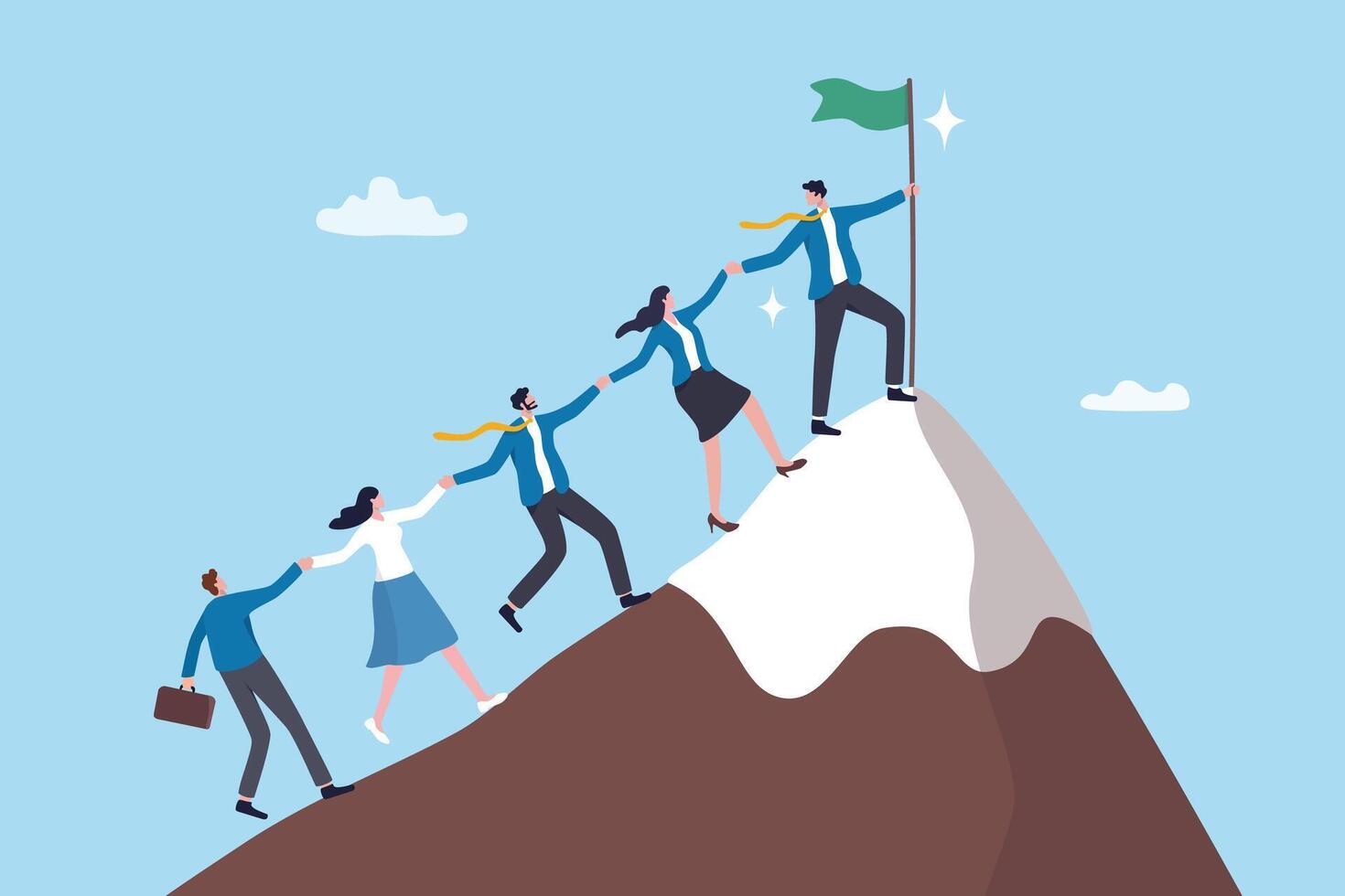 Team achievement, teamwork to success together, colleagues support or leadership to lead team to overcome challenge, cooperation concept, business people team member help others reach mountain peak. vector