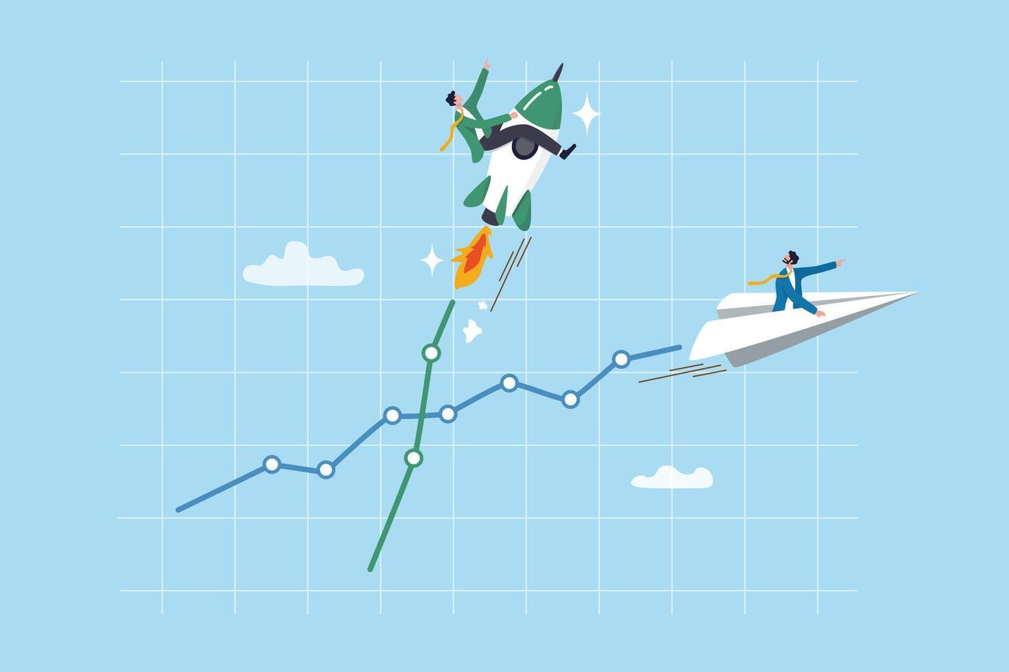 Boost performance, improvement or growth with fast speed progress, self development or marketing and investment, increase efficiency fast concept, businessman riding fast rising speed rocket on graph. vector