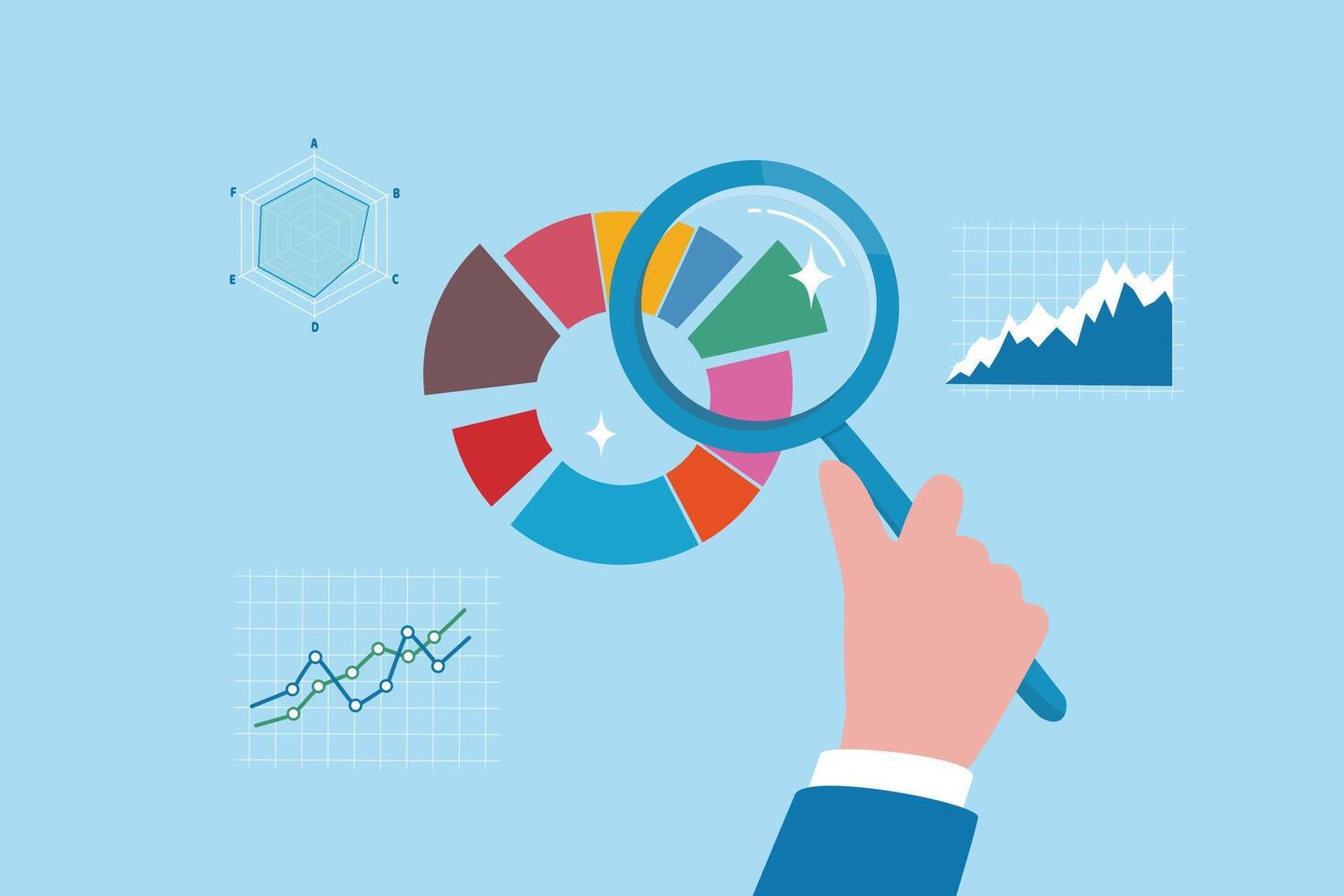 Magnifying glass analyzing investment graph and chart diagram, research statistics, oversight or insight information, market trend concept, businessman hand holding magnifying glass analyze graph. vector