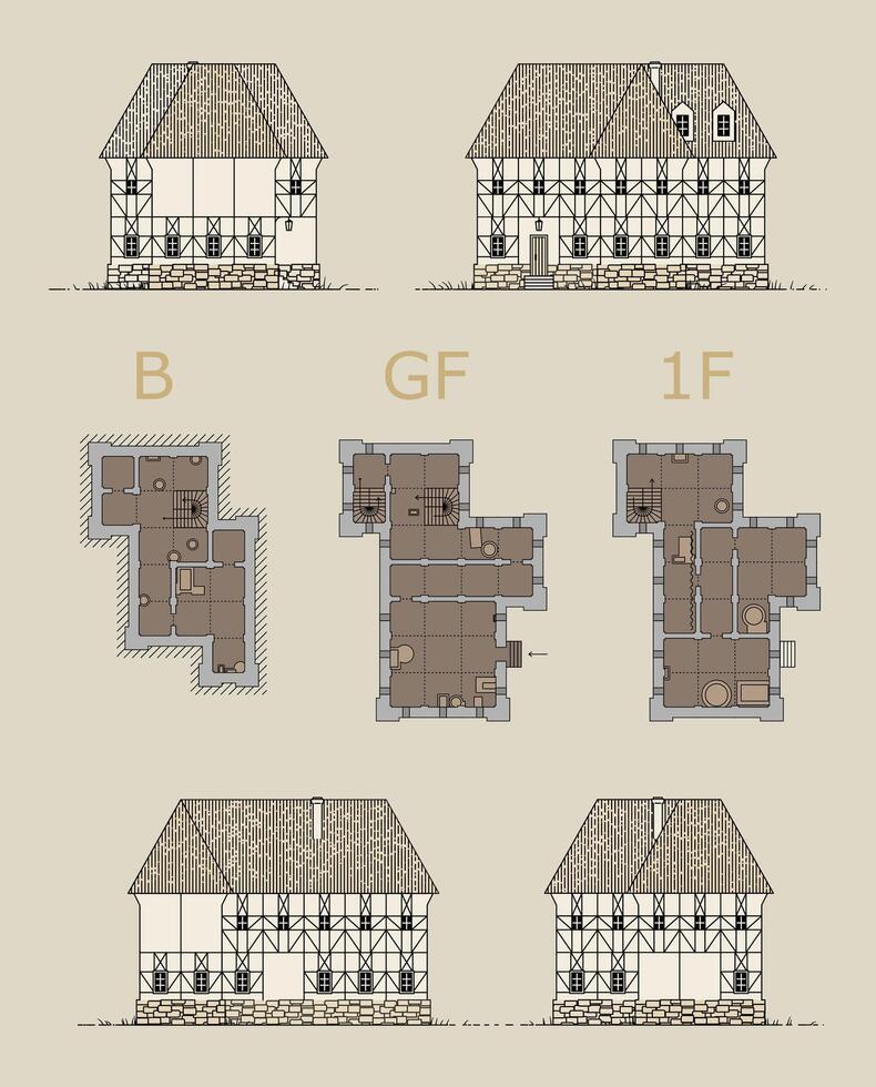 Architectural Renderings of a Timber-Frame House with Floor Plans vector