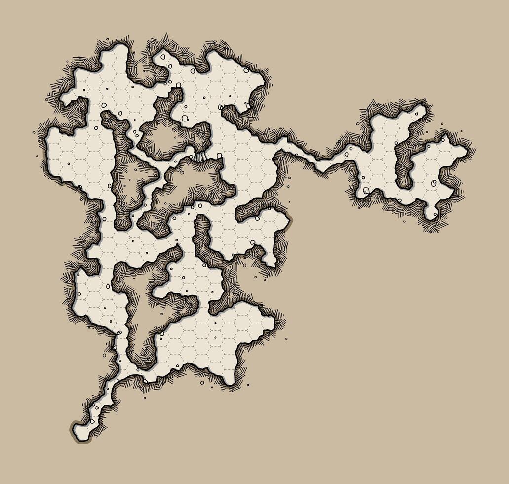 Detailed Cave System Dungeon Map with Hex Grid vector