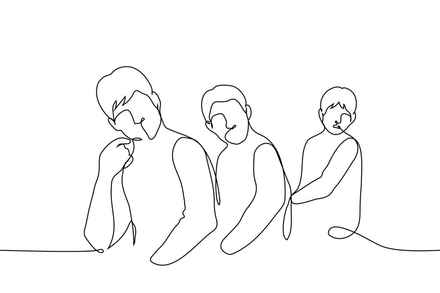 men sitting in a row turned and looking behind their backs - one line art . attracting a male audience vector