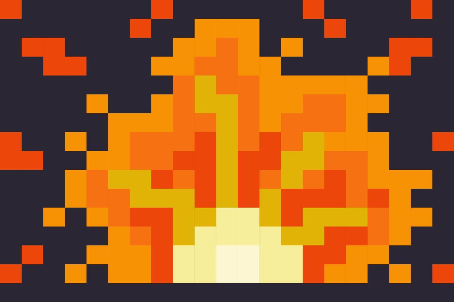 pixel explosion with round yellow center and flying fire pieces on dark blue background. explosion scene for conceptual game in pixel art style, in primitive square blocks vector
