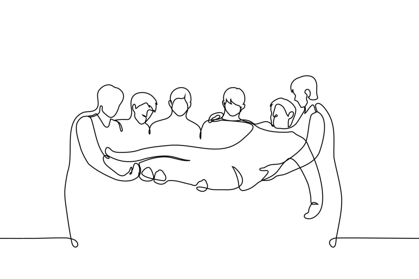 group of men standing in a row holding a man - one line art . concept cheering someone, sick or injured, carrying in arms vector