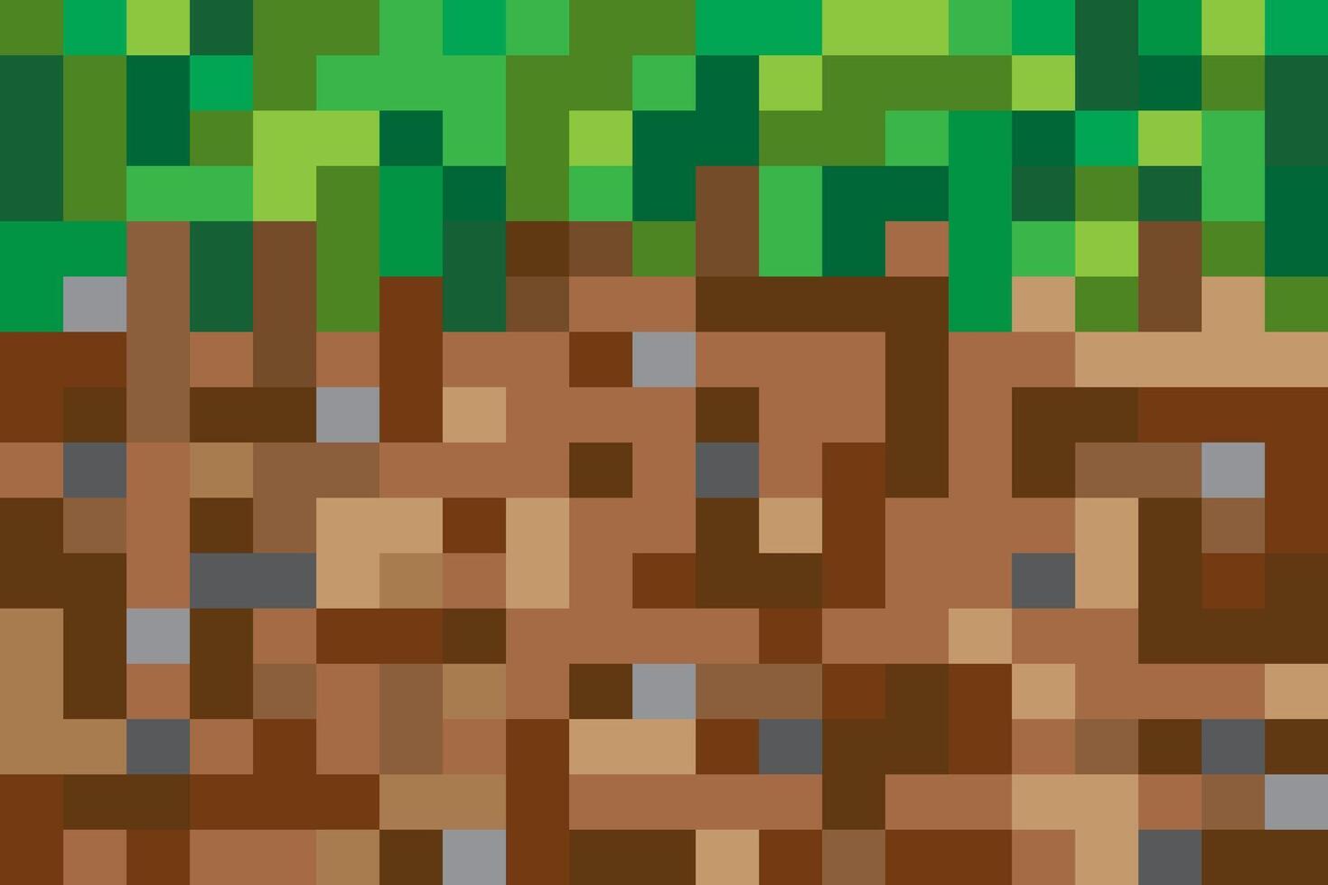 pixel horizontal background of top layer of earth in section with grass on top close-up. conceptual game ground texture in pixel art style, earth and grass in primitive square blocks vector