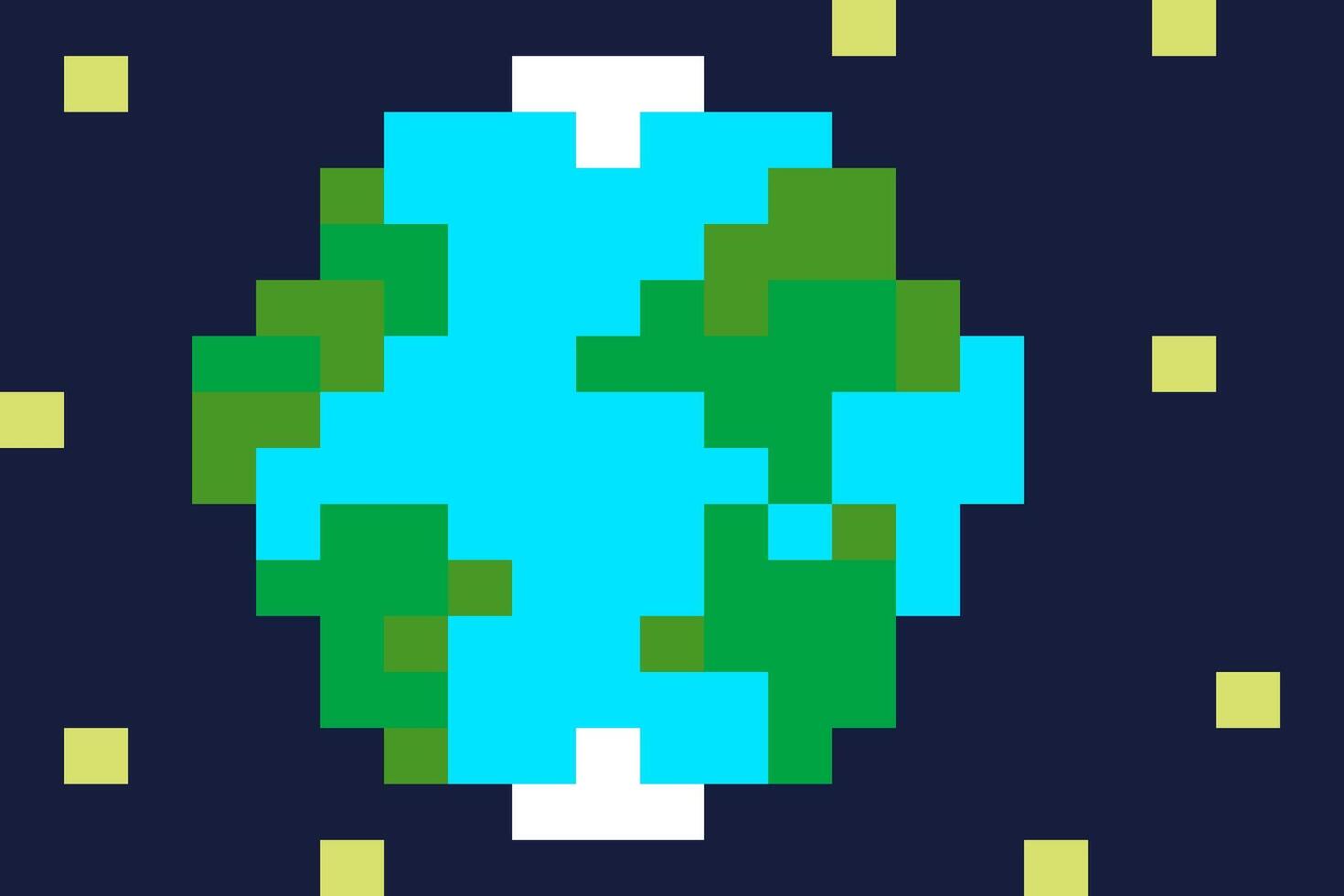 pixel background of planet earth with stars on dark blue background. space background of conceptual game in pixel art style, planet in space in primitive square blocks vector