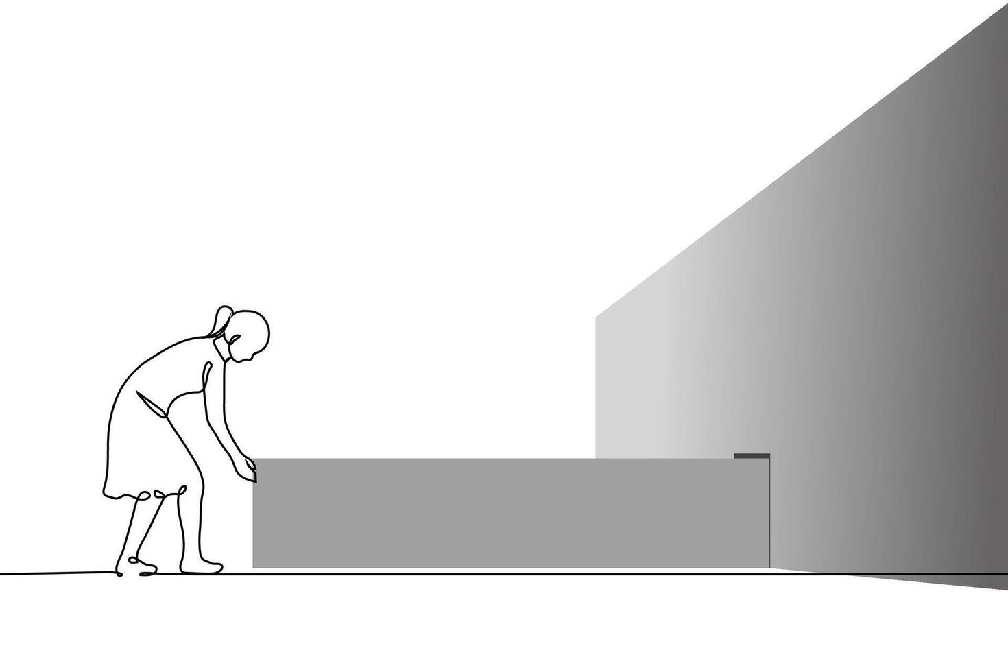 woman pulled out a very long drawer from a cabinet along the entire wall - one line art . very old archive, lots of data, undigitized content, card file vector
