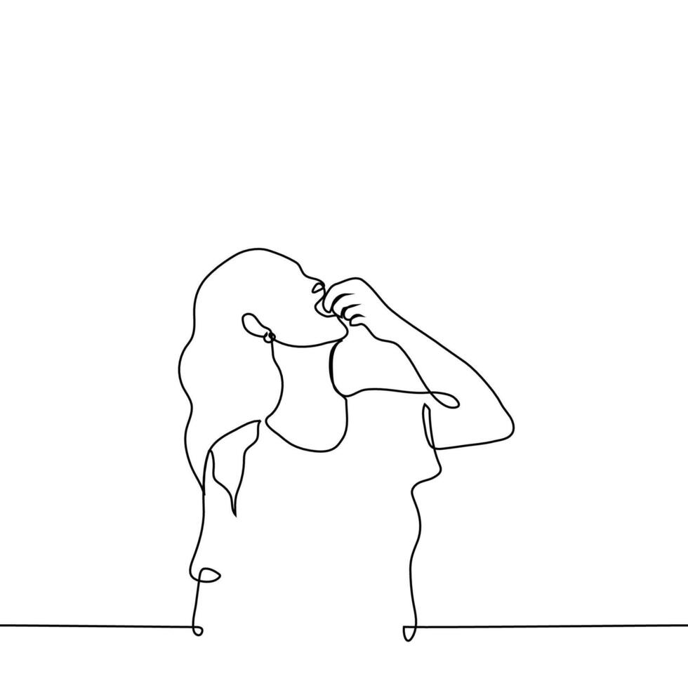 woman with mouth open and face up puts or pours something small into her mouth - one line art taking pills vector