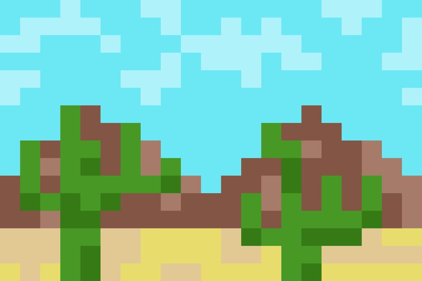 pixel desert background with mountains and cacti in the foreground. pixel art concept game background, landscape in primitive square blocks vector