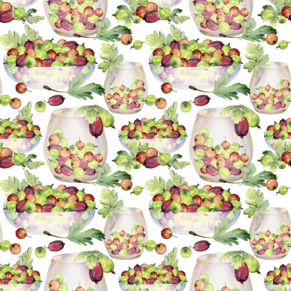 Gooseberry Currant with leaves in glass bowls, served ripe picked berry harvest. Isolated seamless pattern hand drawn in watercolor. Wrapping paper, gift packaging, scrapbooking decoupage backdrop vector
