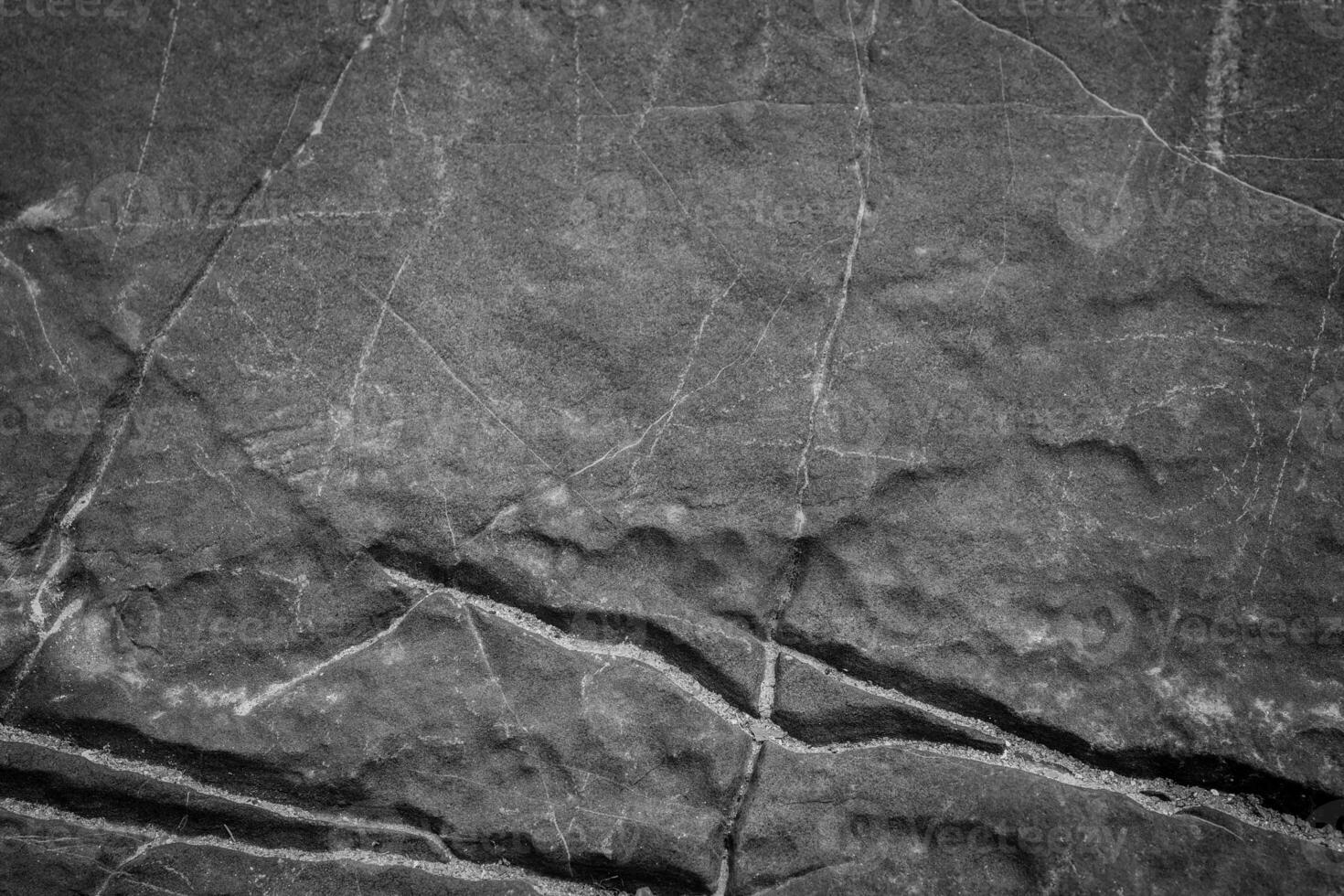 Close-Up of Natural Stone Surface with Intricate Cracks and Textures in Black and White photo