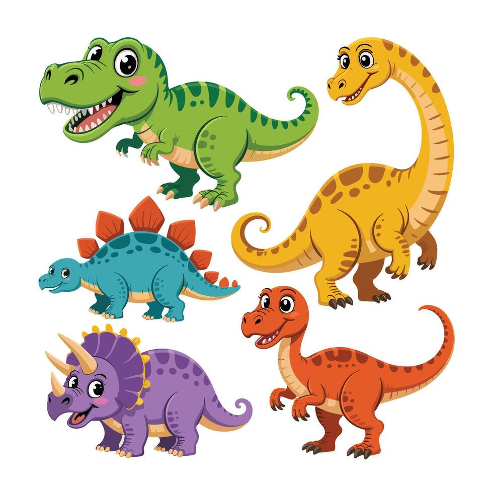 Happy Cartoon Dinosaur Collection with Nature Elements vector