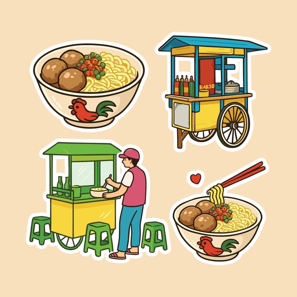 Colorful Bakso Street Food Sticker Set vector